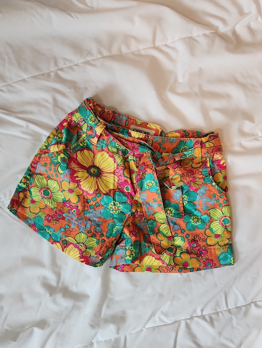 Cherokee Bright Floral Tie-Waist Shorts - Yellow, Teal, Pink, Orange